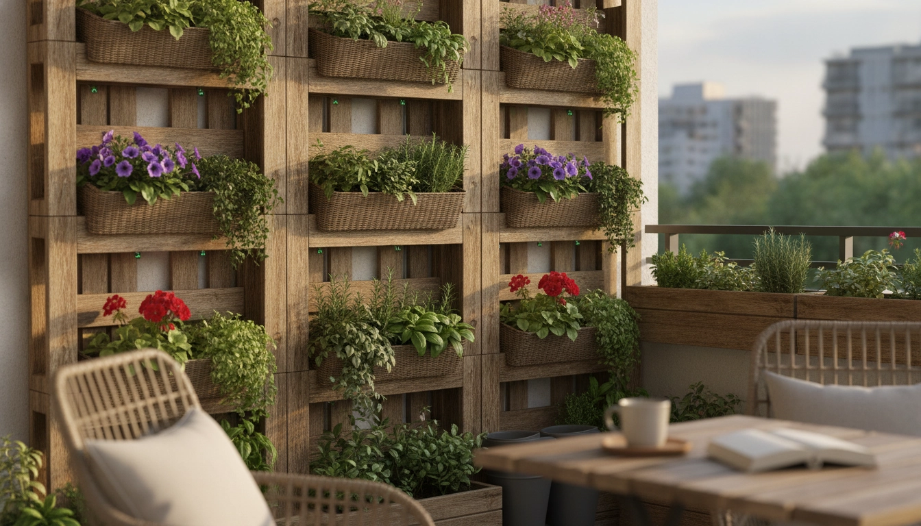 Jardin vertical sur palette bien entretenu et hydraté
