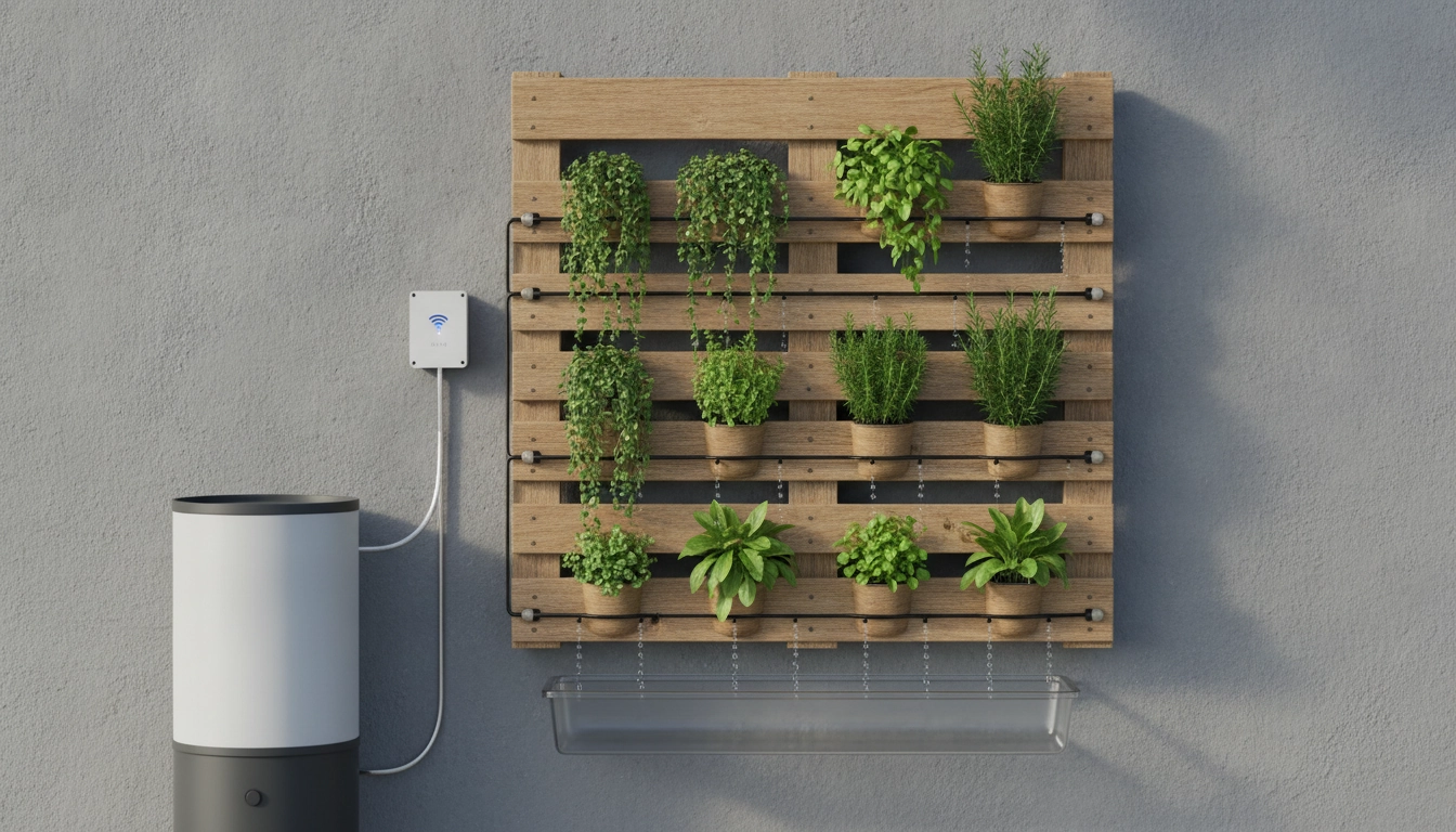 Installation d'un système d'irrigation goutte-à-goutte sur une palette jardin vertical