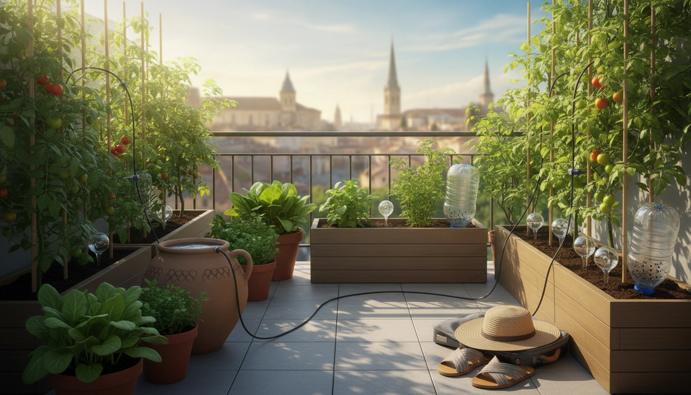 Un potager sur balcon bien entretenu avec un système d'arrosage automatique pour arroser potager balcon pendant vacances absence.