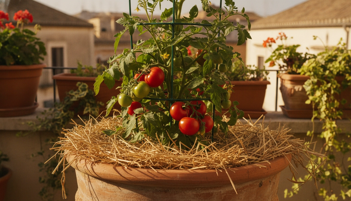 Tomates sur balcon avec paillage pour maintenir l'hydratation