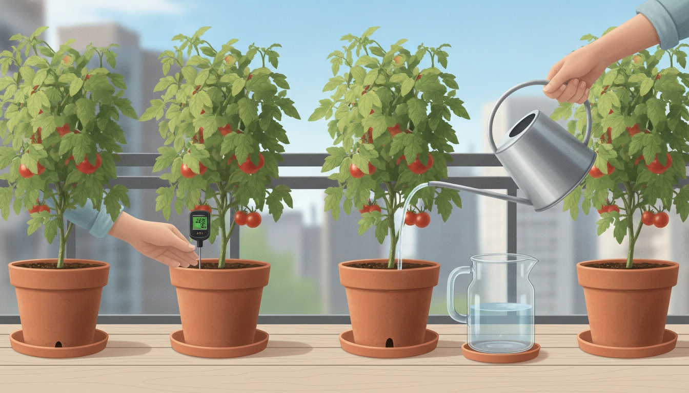 Jardinier arrosant des tomates sur un balcon avec précision