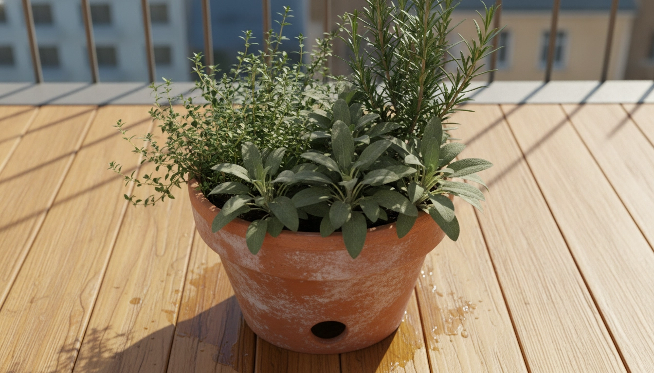 Pot de balcon contenant associer herbes aromatiques même pot balcon avec thym, romarin et sauge en pleine croissance