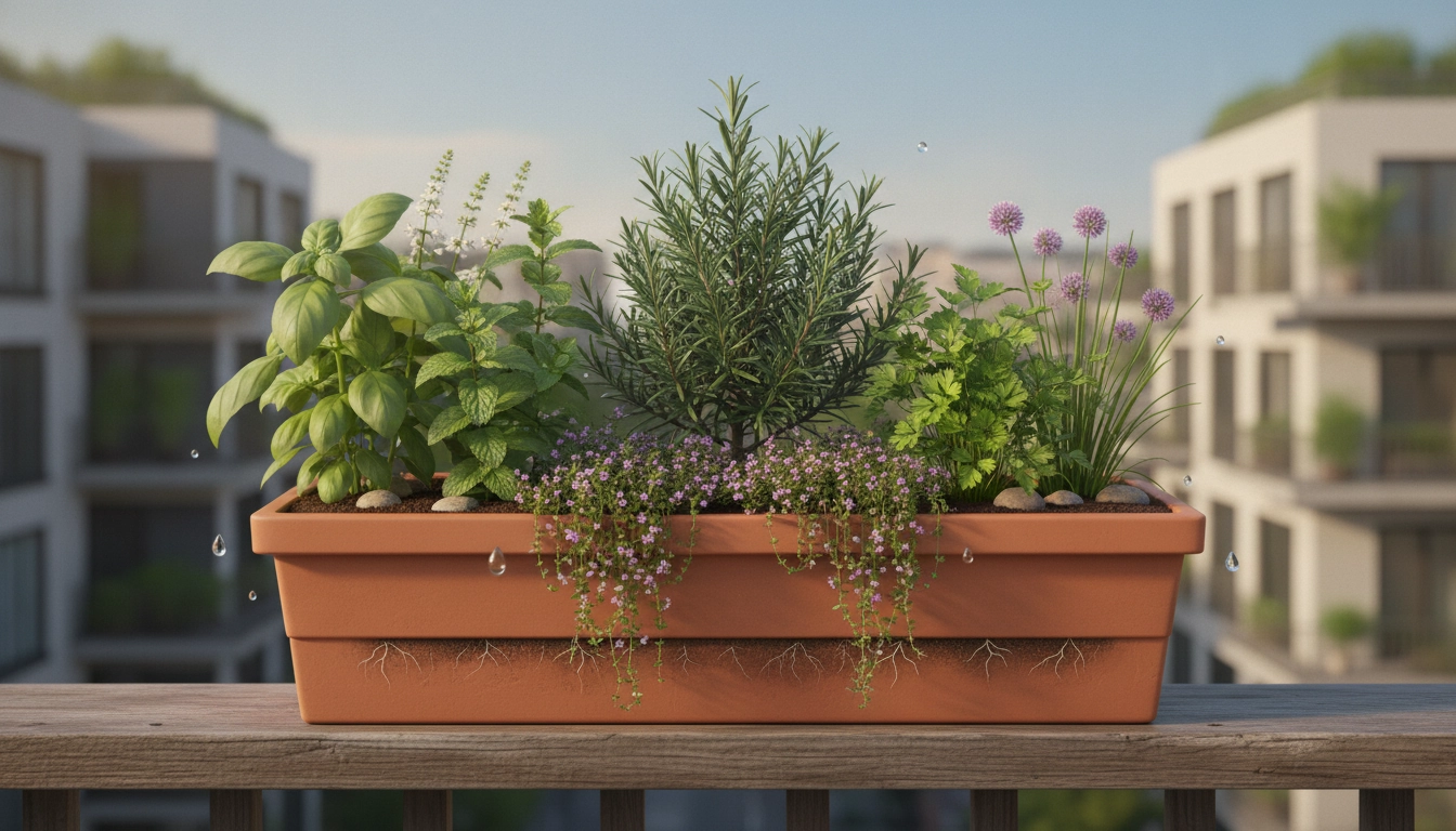 Pot de balcon avec associer herbes aromatiques même pot balcon : thym, romarin et sauge en croissance