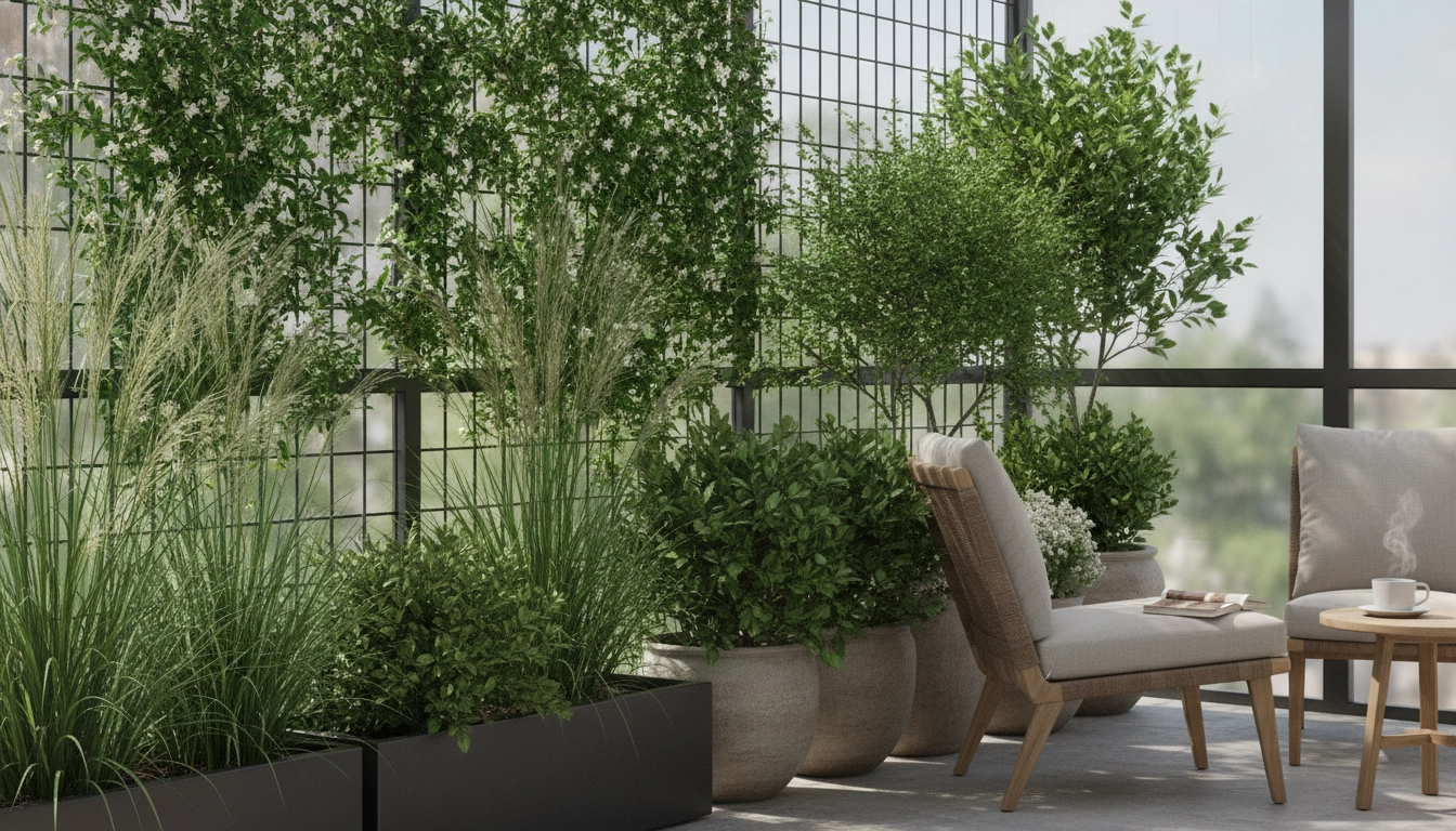 Exemple pour associer plantes brise-vue balcon esthétique et efficace avec des graminées et arbustes