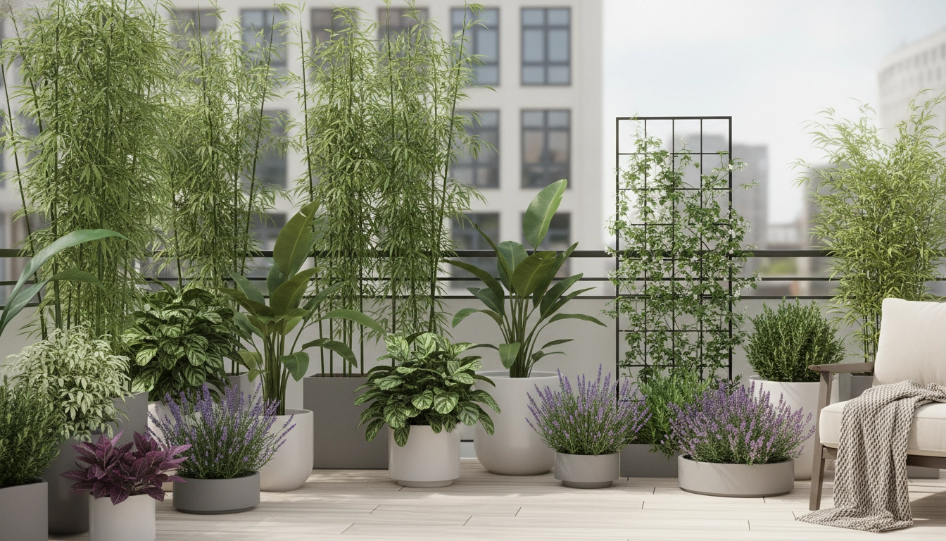 Aménagement réussi pour associer plantes brise-vue balcon esthétique et efficace avec des fleurs colorées