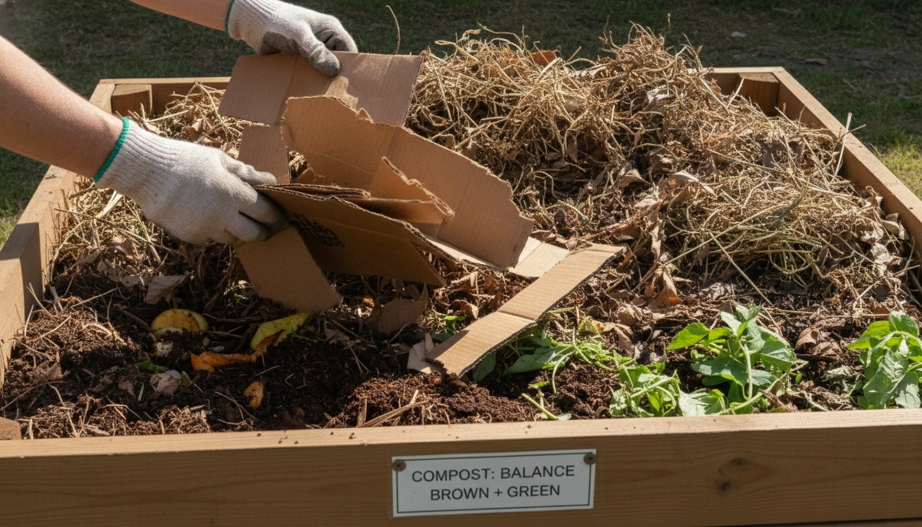Ajout de matières brunes dans un bac à compost pour prévenir les mauvaises odeurs.