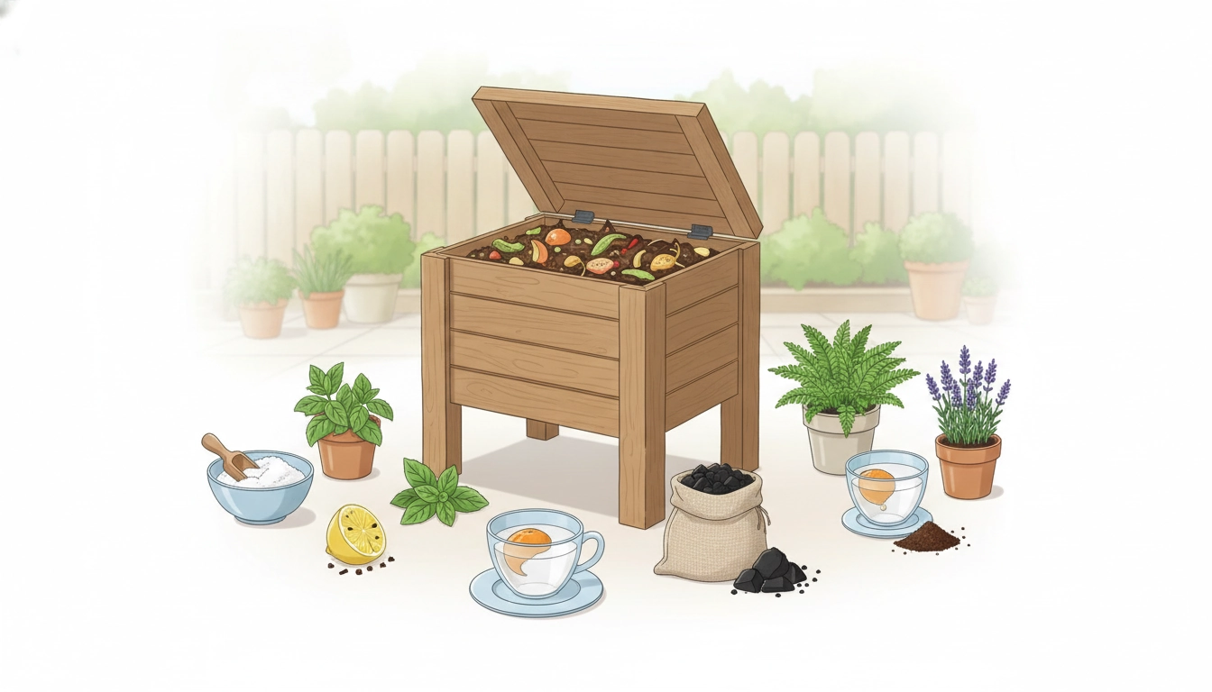 Un bac à compost bien entretenu dans une cuisine moderne avec des astuces naturelles neutraliser odeurs bac compost visibles.