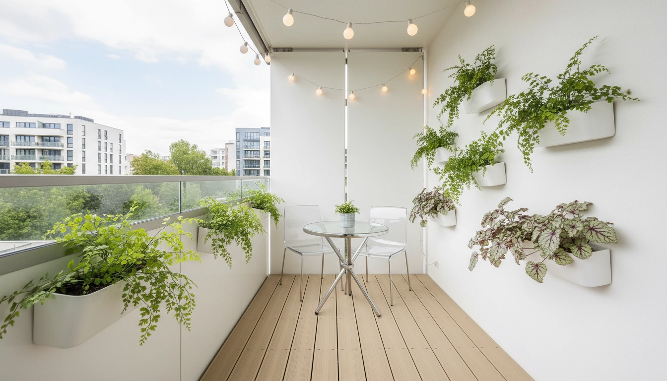 Techniques pour augmenter la luminosité d'un balcon orienté nord avec murs blancs et mobilier aérien