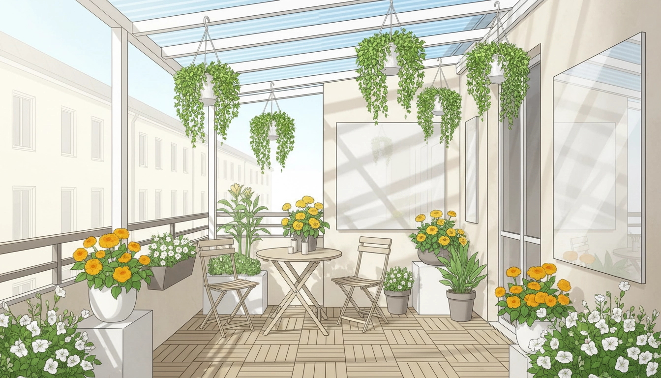 Balcon orienté nord lumineux avec murs blancs, miroirs et plantes vertes claires