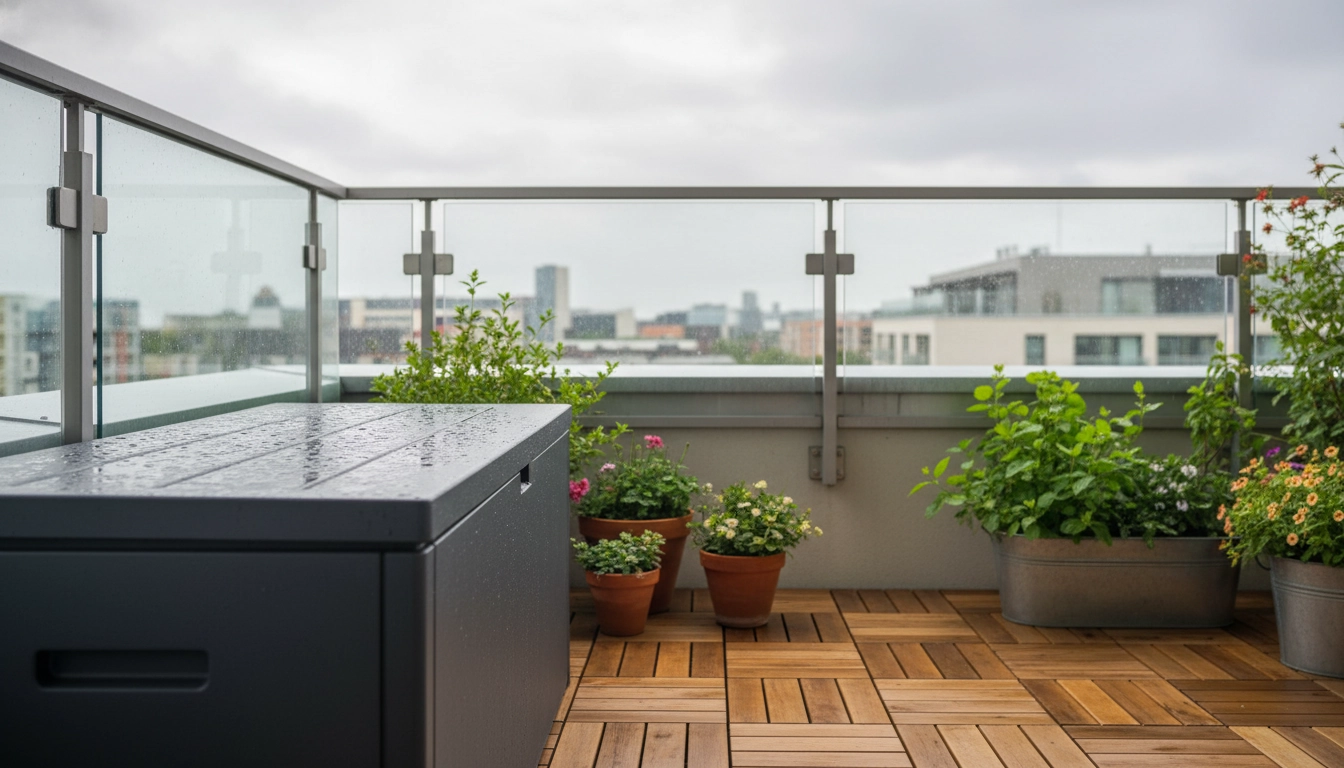Une terrasse en bois équipée de bacs rangement extérieur résistants intempéries balcon sous la pluie.