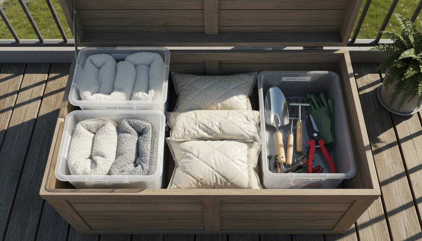 Intérieur parfaitement organisé d'une malle de balcon avec des compartiments pour outils de jardinage et coussins.
