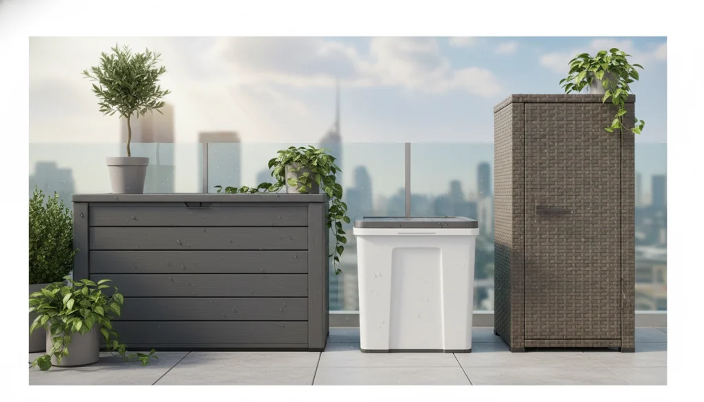Un balcon moderne et organisé avec un bac de rangement extérieur résistant aux intempéries servant de banquette.