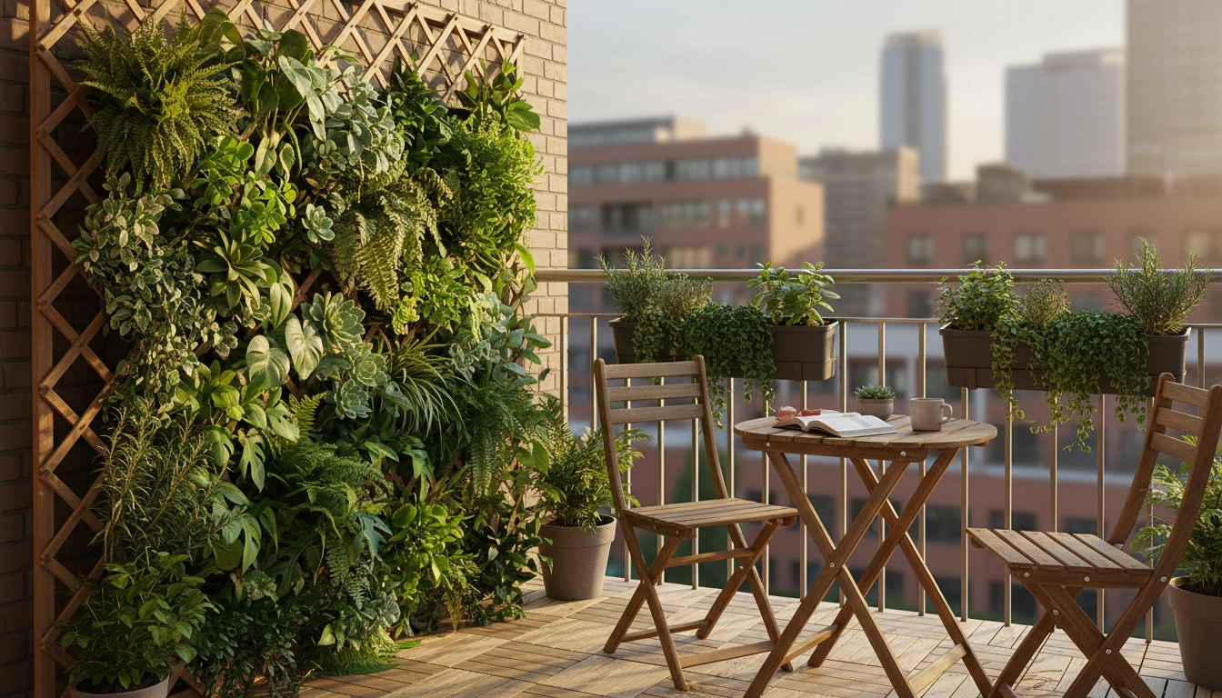 Balcon petit espace aménagé avec mur végétal vertical, jardinières de rambarde et mobilier pliant