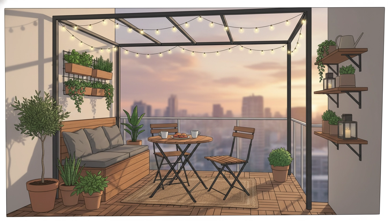Aménagement d'un balcon petit espace avec plantes verticales, mobilier pliant et jardinières de rambarde
