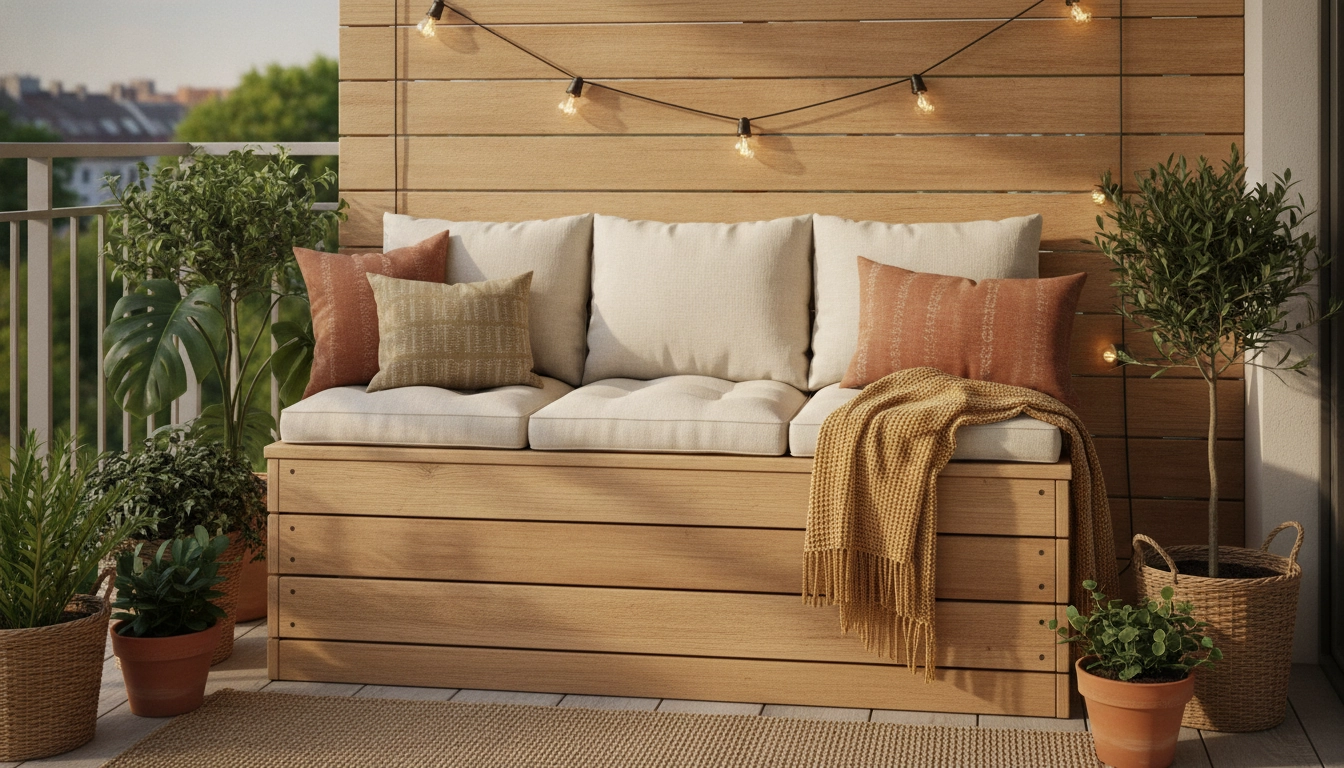 Aménagement d'un banc coffre rangement balcon fait maison sur un petit espace extérieur.