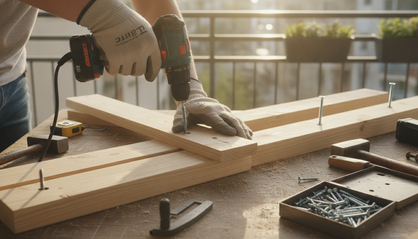 Processus de fabrication d'un banc coffre rangement balcon fait maison avec des outils manuels.