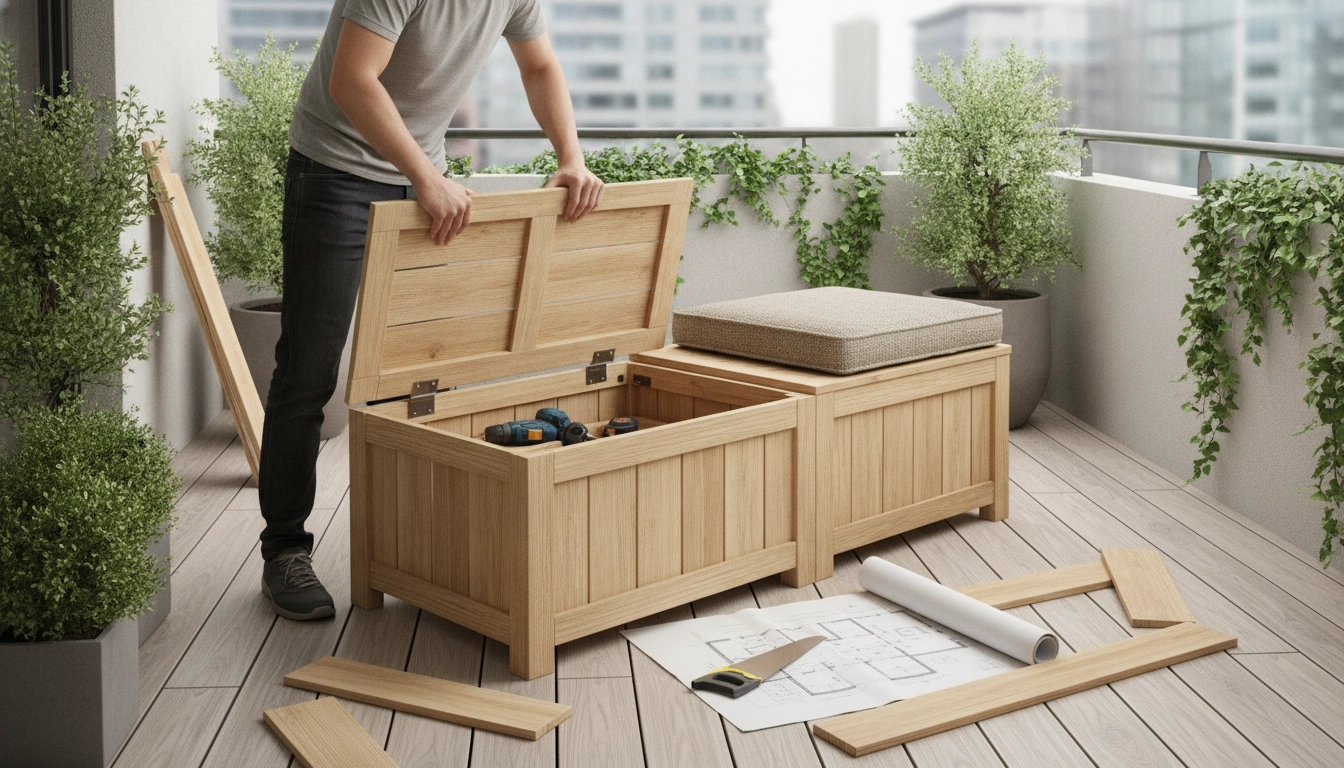Un banc coffre rangement balcon fait maison en bois clair avec des coussins confortables sur un balcon aménagé.