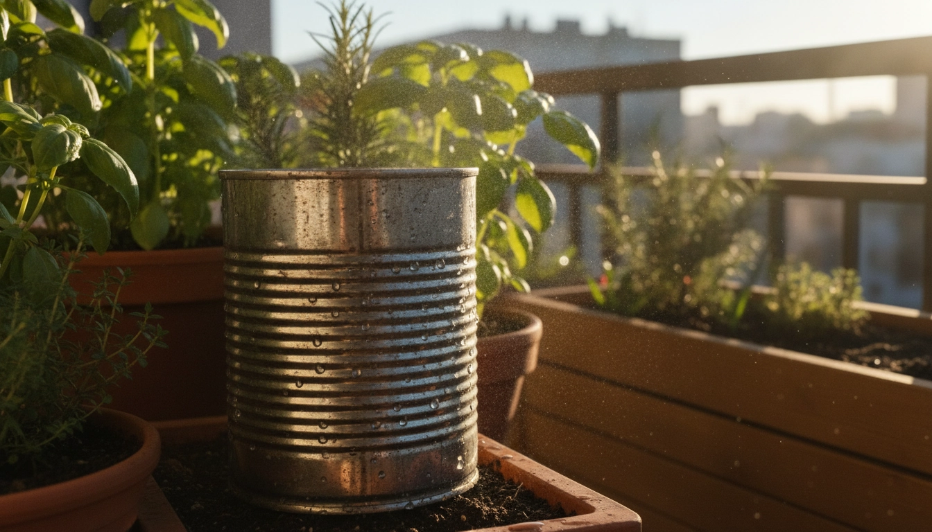 Installation artisanale d'une boîte conserve percée arrosage localisé herbes aromatiques balcon.