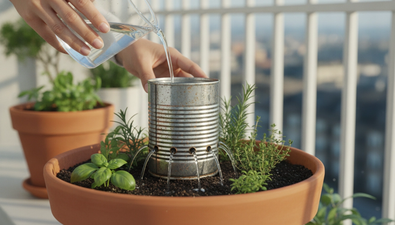 Une boîte conserve percée arrosage localisé herbes aromatiques balcon installée dans un pot de basilic.