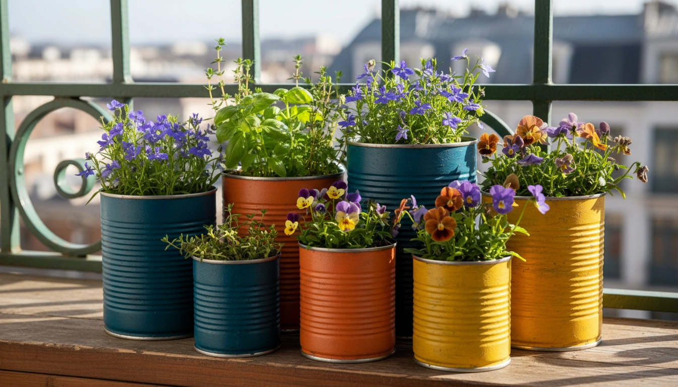 Transformer vieille boîte de conserve en pot de fleurs pour le balcon avec des boîtes peintes en couleurs vives accueillant herbes aromatiques et fleurs