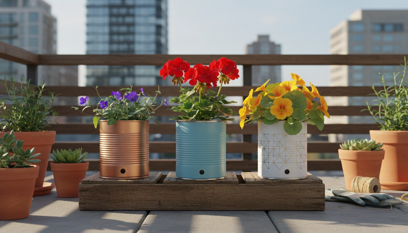 Boîtes de conserve recyclées transformées en pots de fleurs colorés sur un balcon ensoleillé