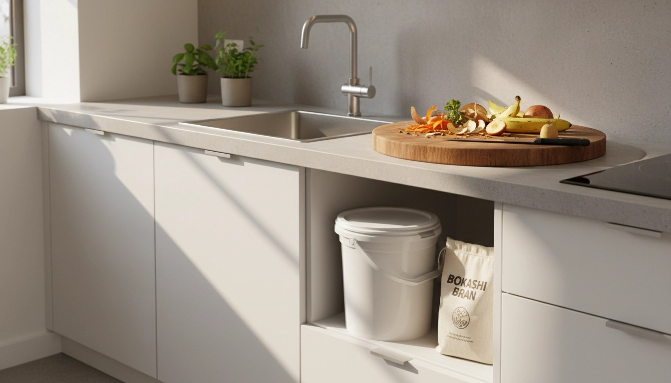 Kit bokashi appartement avec seau hermétique et son de bokashi sous l'évier de cuisine