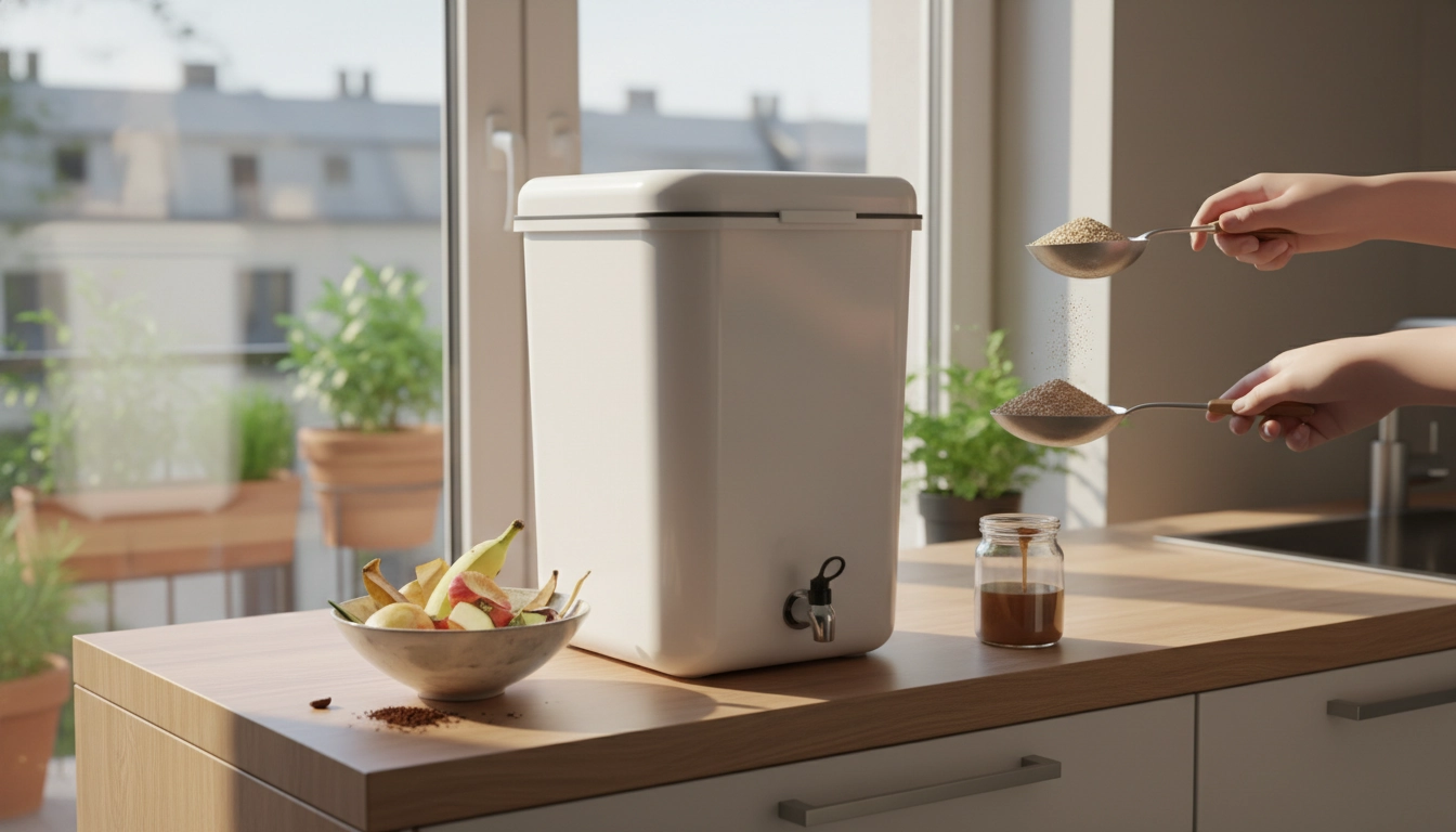 Seau bokashi appartement sur un plan de travail de cuisine avec son de bokashi et déchets organiques