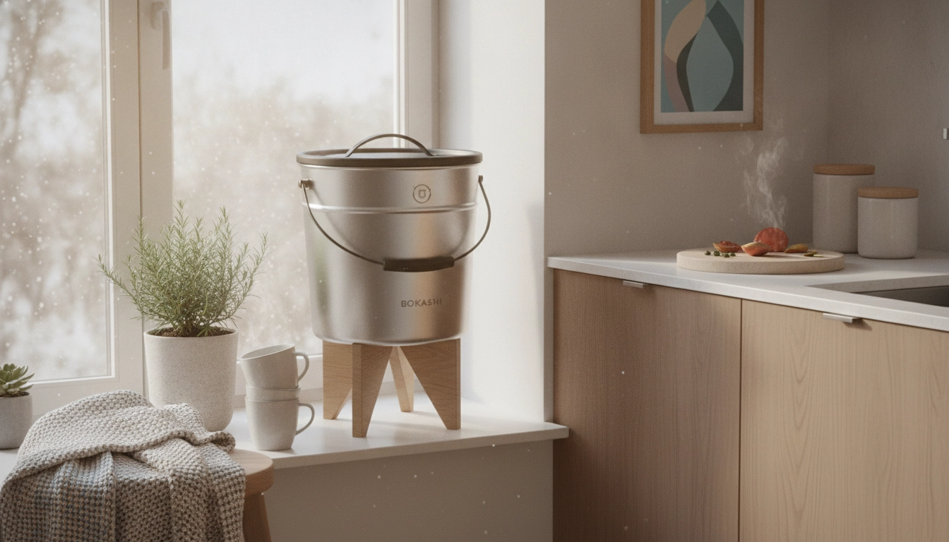 Installation optimisée d'un bokashi appartement hiver température froide dans une cuisine.