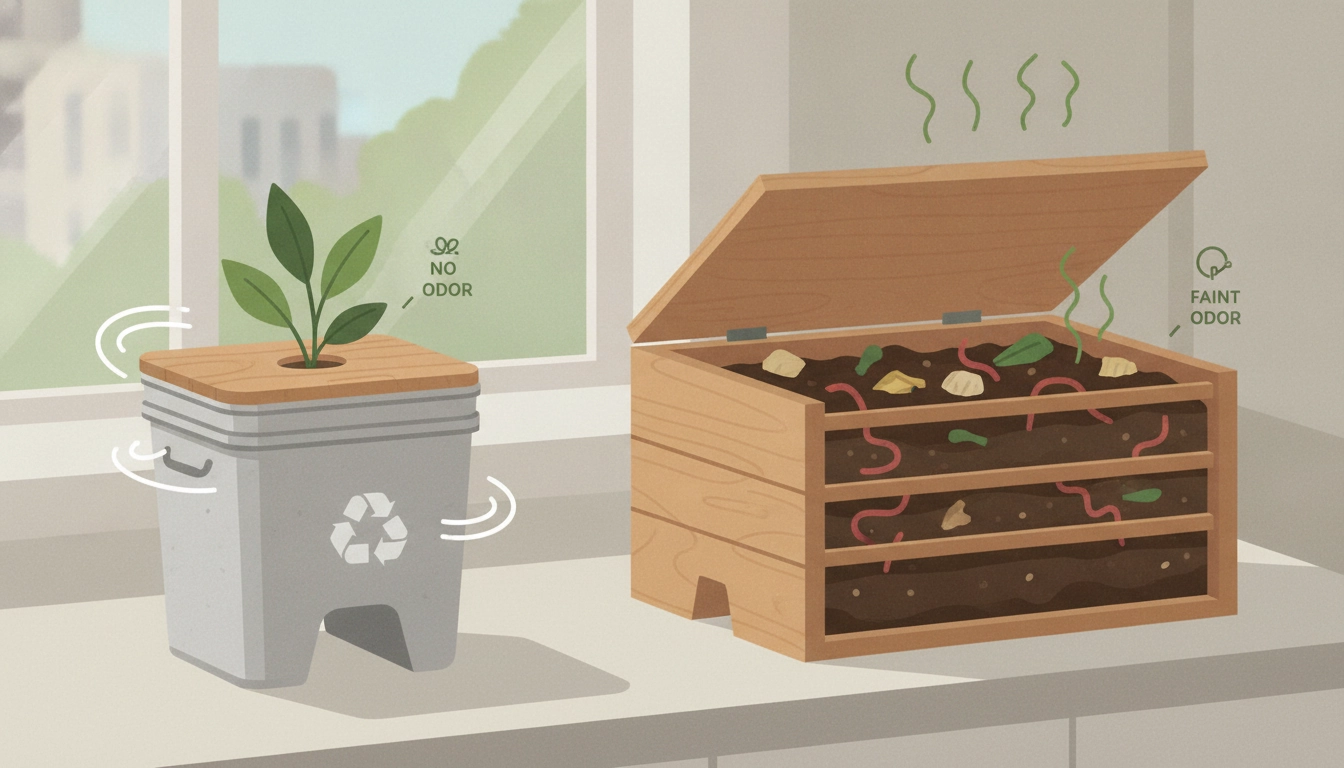 Un comparatif visuel montrant un bokashi odeurs comparé vermicomposteur appartement dans une cuisine moderne.