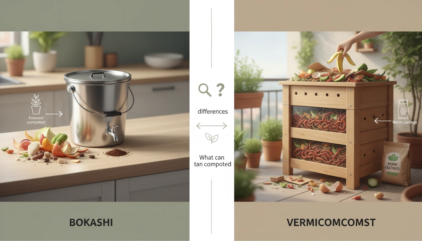 Comparaison visuelle entre un seau bokashi et un lombricomposteur en appartement