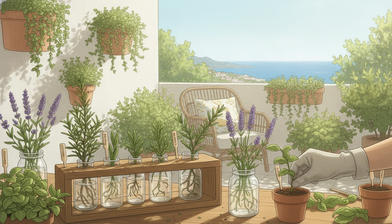 Bouturage plantes aromatiques méditerranéennes sur balcon dans des pots en terre cuite