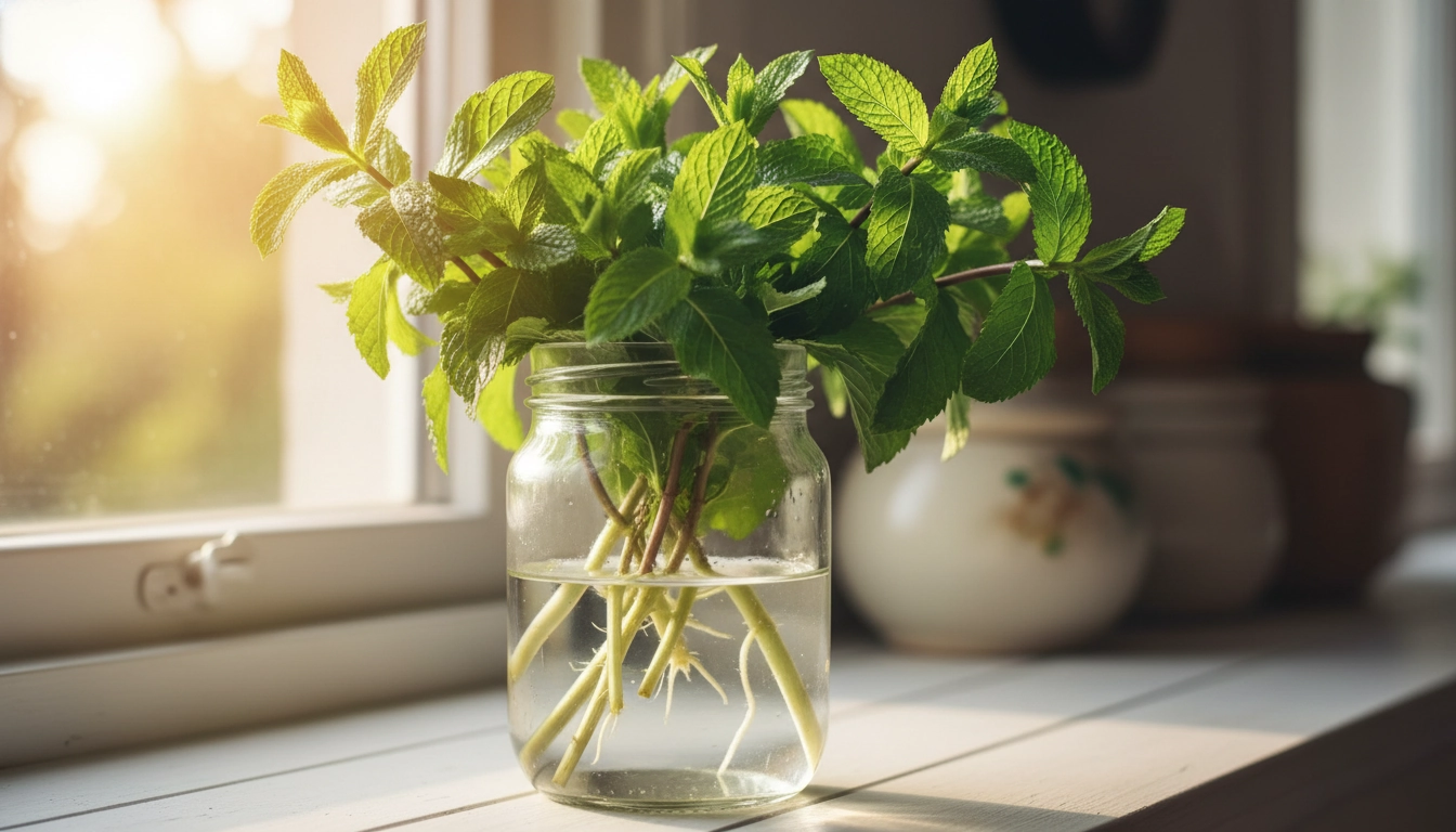Bouturage menthe dans l'eau sans terreau : tiges de menthe avec premières racines dans un bocal en verre