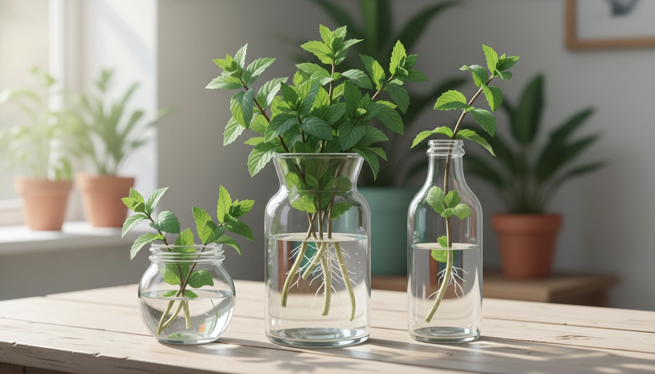 Tiges de menthe fraîche en train de s'enraciner dans un verre d'eau sur un rebord de fenêtre ensoleillé
