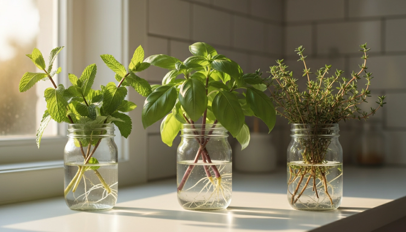 Bouturage de plantes aromatiques dans l'eau : boutures de menthe, basilic et thym avec de petites racines blanches dans des verres transparents sur un rebord de fenêtre lumineux
