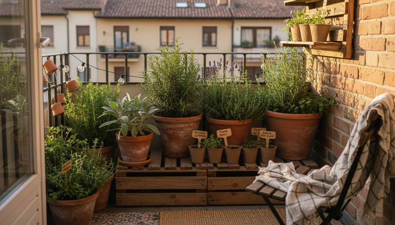 Balcon urbain avec des aromatiques méditerranéennes en pots : romarin, sauge, thym et lavande issus du bouturage plantes aromatiques, sous la lumière dorée du soleil