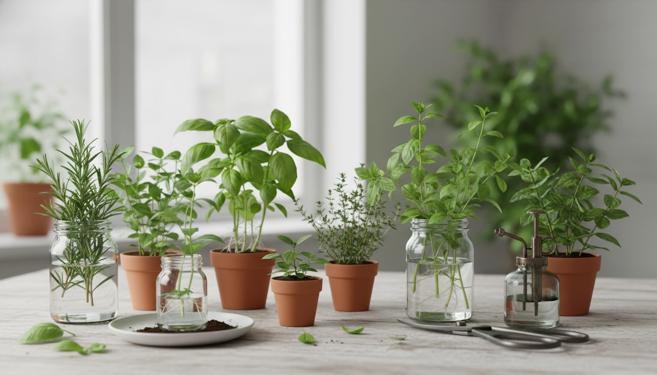 Bouturage de plantes aromatiques : tiges de thym, romarin et menthe dans des petits pots sur un rebord de fenêtre ensoleillé