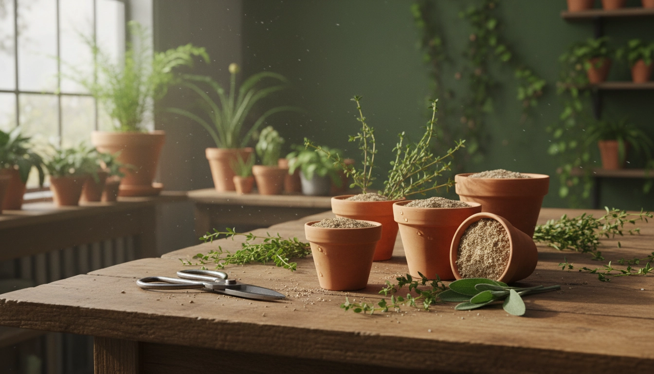 Matériel de jardinage pour réaliser les étapes bouturage thym laurier sauge en pot.