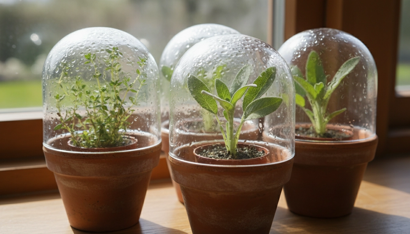 Boutures d'herbes aromatiques sous cloche de verre pour maintenir l'humidité.