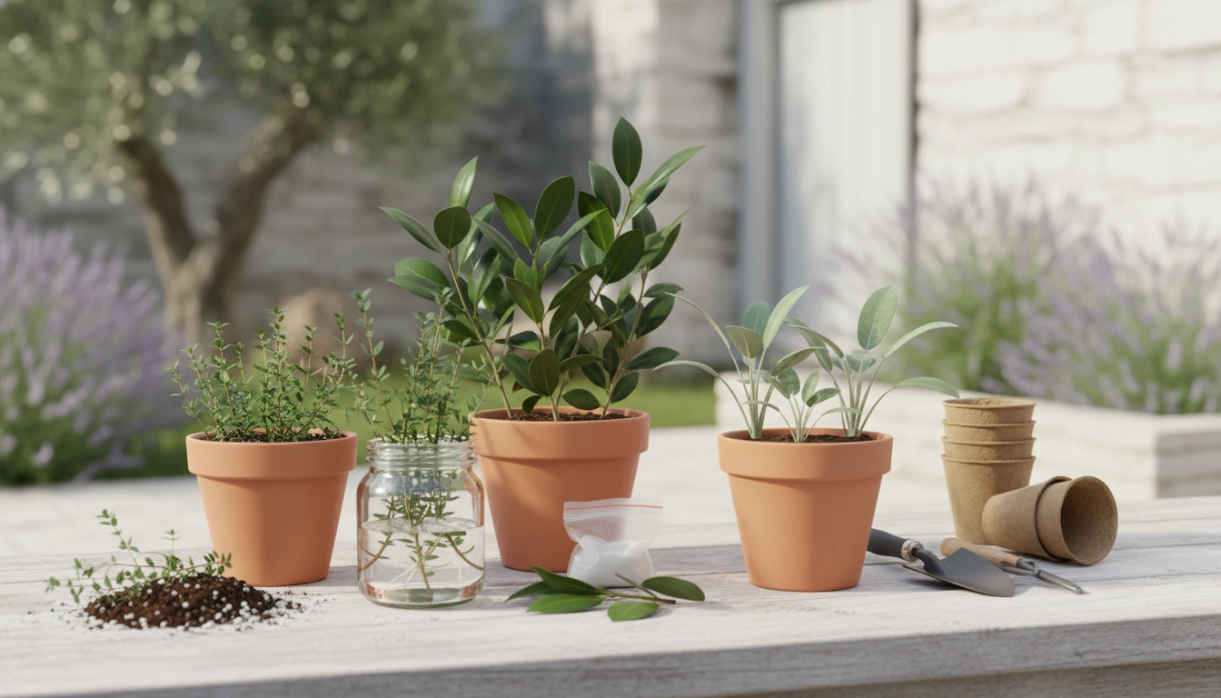 Matériel préparé sur une table pour le bouturage de plantes aromatiques méditerranéennes en pot.