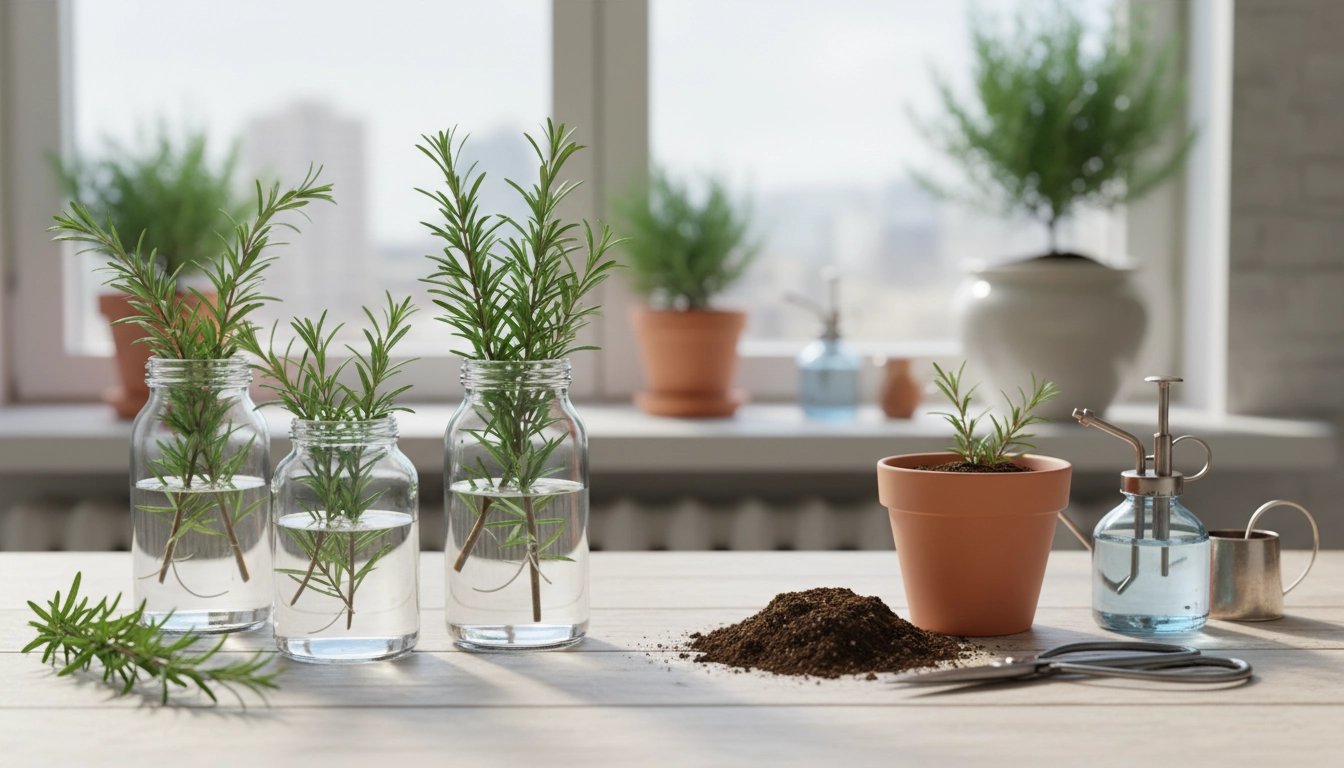 Bouture de romarin dans un verre d'eau posé sur un rebord de fenêtre ensoleillé en appartement