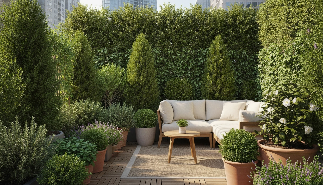 Un magnifique brise-vue balcon persistant toute l'année avec des plantes vertes luxuriantes.