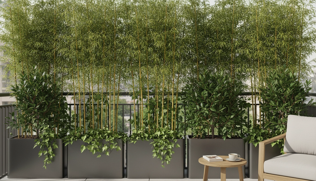 Un balcon urbain aménagé avec un brise-vue balcon persistant toute l'année composé de bambous et de plantes grimpantes.