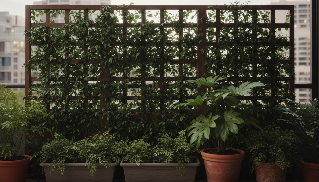 Brise-vue végétal balcon sans soleil direct avec lierre sur treillis, fatsia et fougères en pots