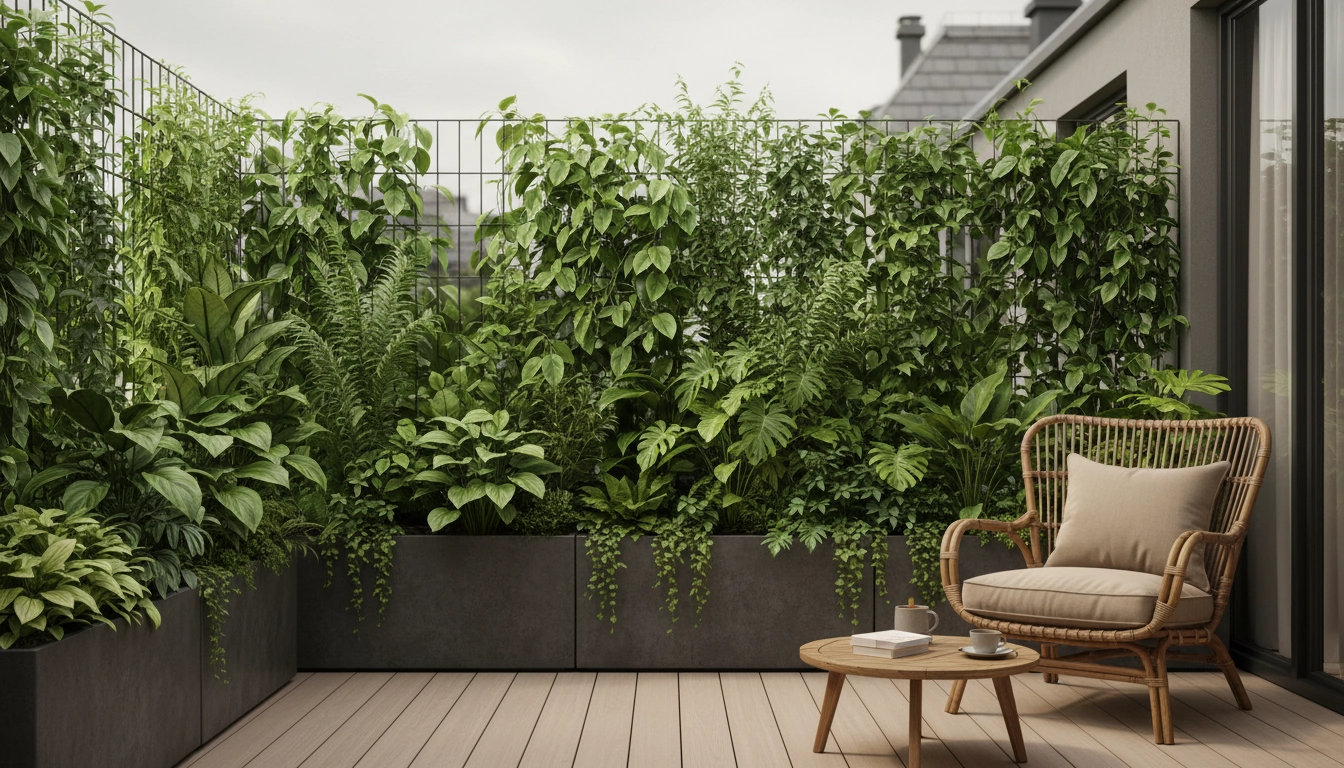 Brise-vue végétal sur un balcon sans soleil direct avec lierre et fougères sur treillis