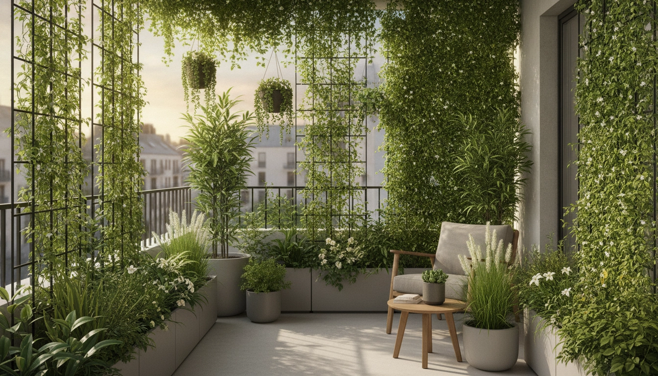 Une installation végétale élégante montrant comment cacher la vue sur un balcon sans espace avec des plantes grimpantes.