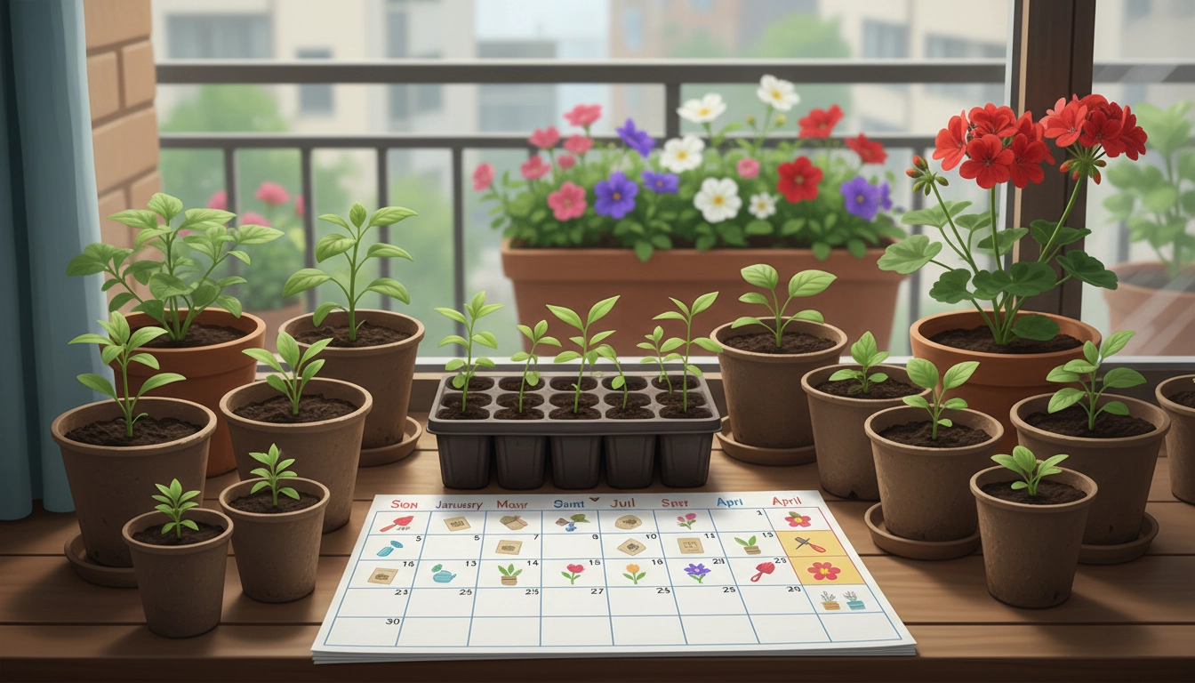 Plateau de semis en intérieur sur un rebord de fenêtre ensoleillé, avec de jeunes plants de fleurs prêts pour le balcon