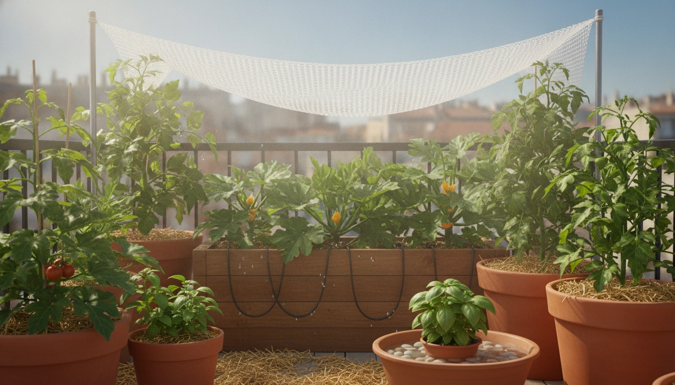 Plantes potagères sur un balcon protégées lors d'une canicule avec chaleur excessive