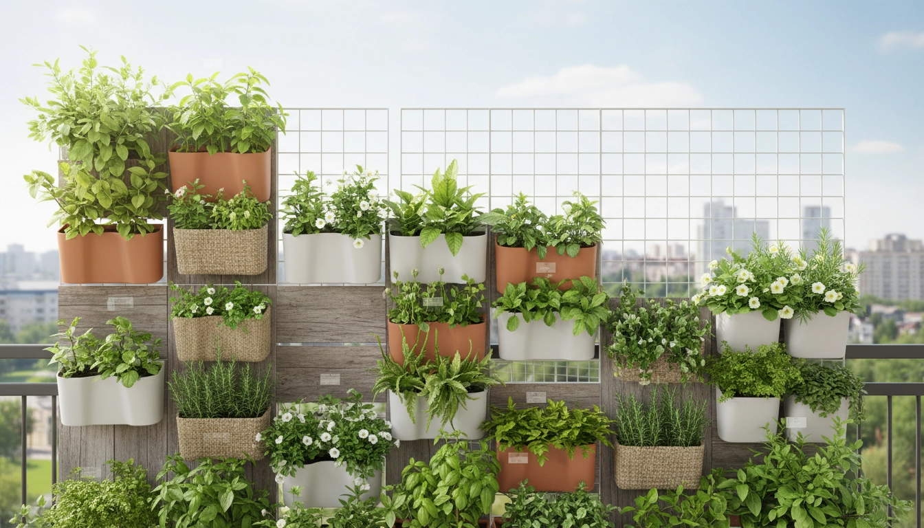 Palette en bois marquée HT utilisée comme jardin vertical sur un balcon fleuri