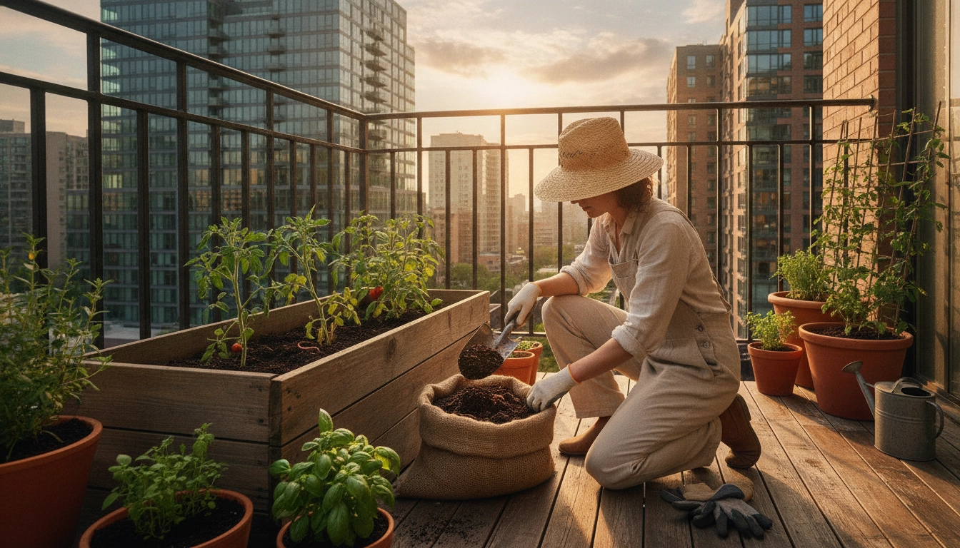 Préparation d'un terreau riche pour un potager urbain sur un balcon