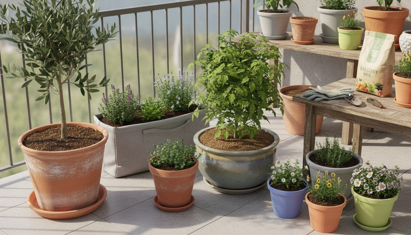 Jardinier qui s'apprête à choisir terreau balcon selon taille et matière pot pour ses plantes